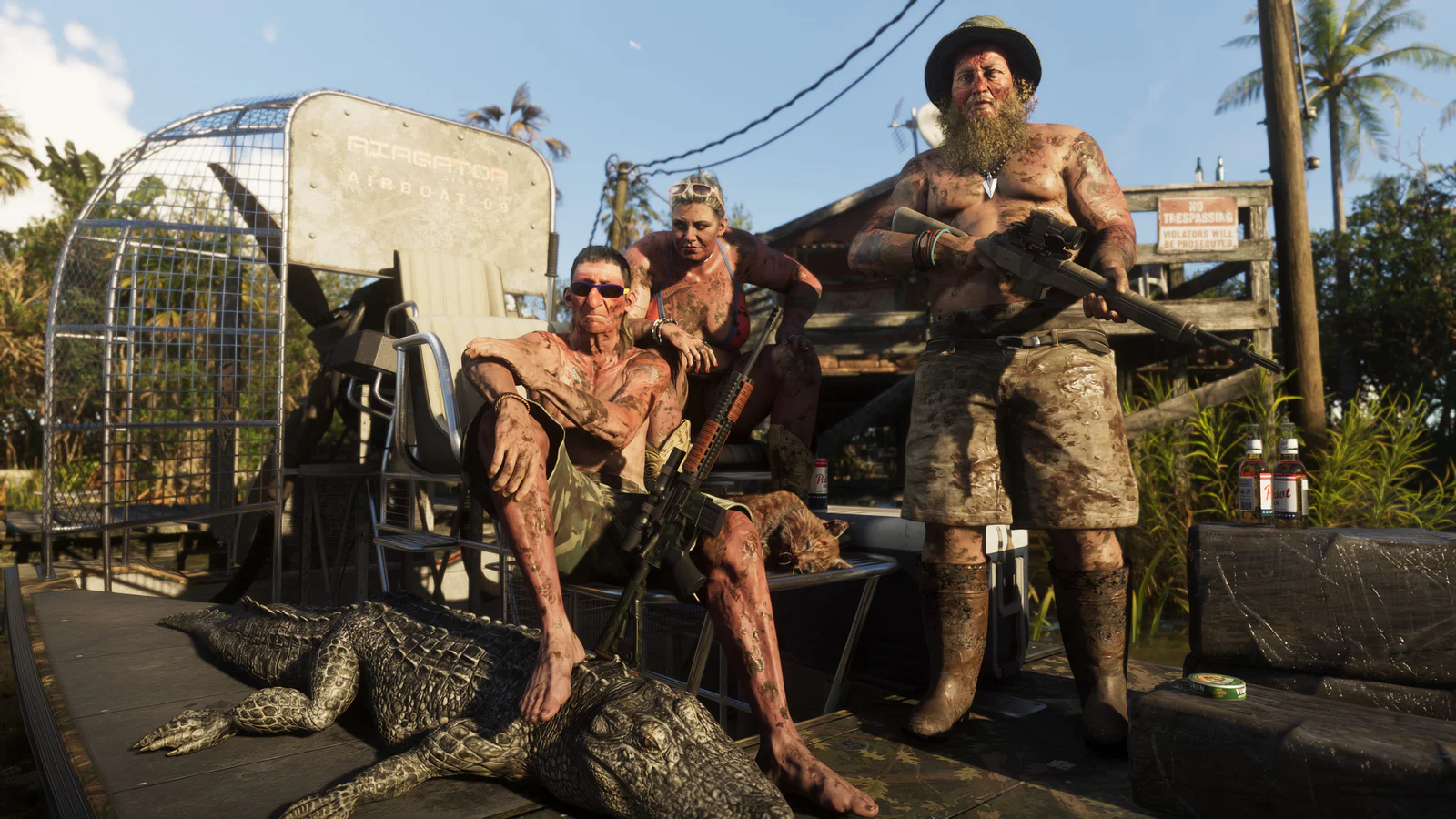 Official GTA VI screenshot showing residents of the Grassrivers with alligators.