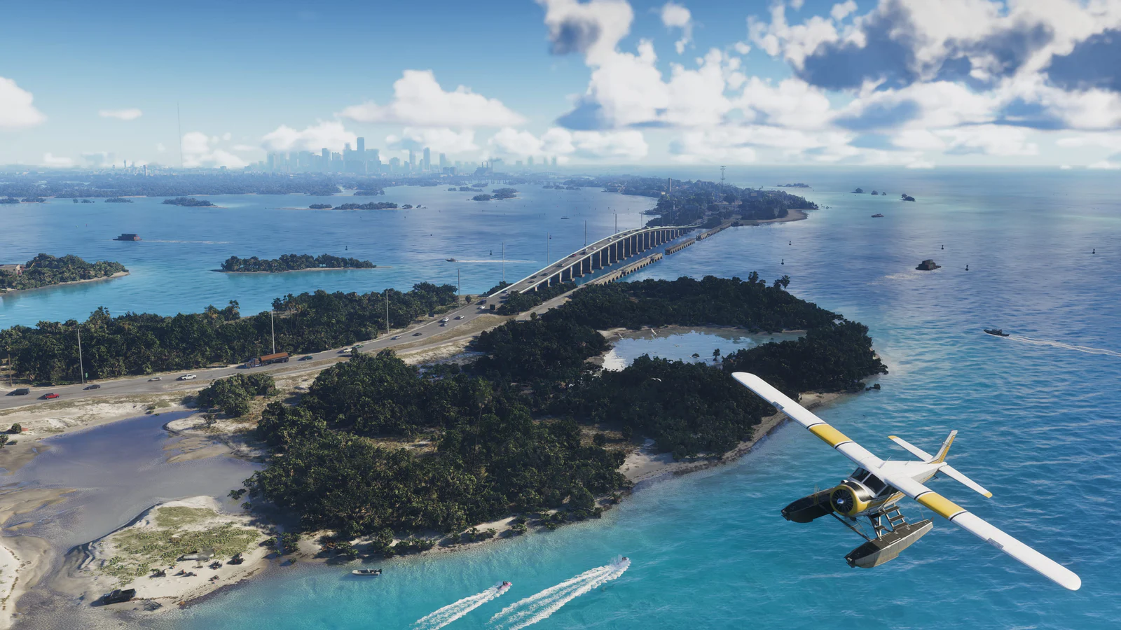 Official GTA VI screenshot showing the Leonida Keys and Overseas Highway from above.