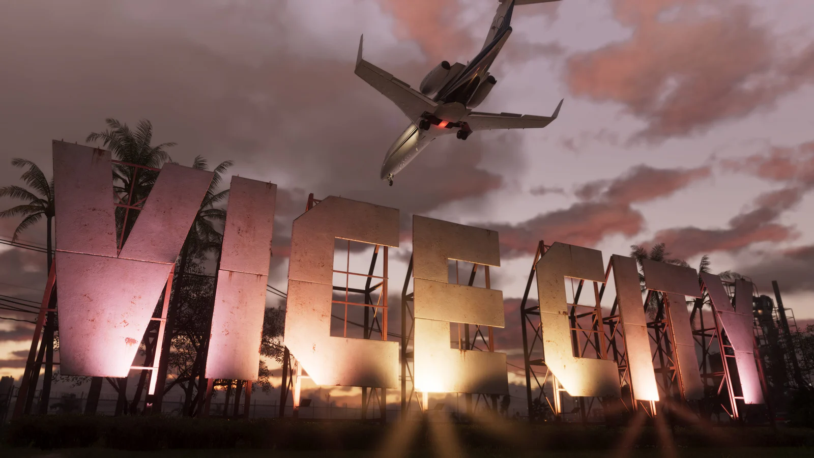 Official GTA VI screenshot showing the Vice City sign beneath a landing jet.